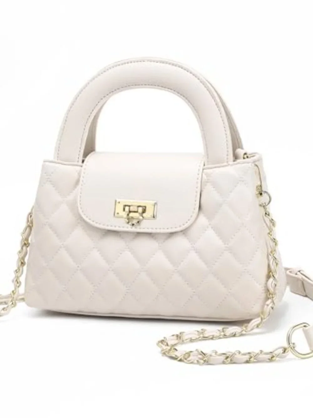 Small Quilted Crossbody Purse Faux Leather Top Handle Bag with Chain Strap